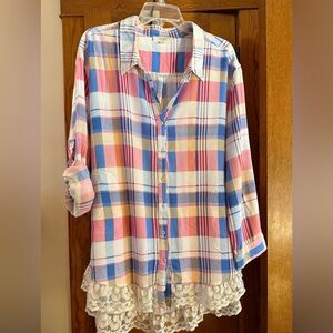 Umgee Blue and Red Plaid Shirt with Lace Detail